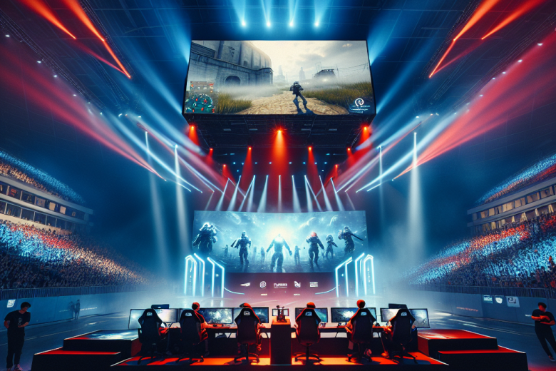 Foto da PGL Astana 2026 em andamento, arena lotada e luzes dramáticas